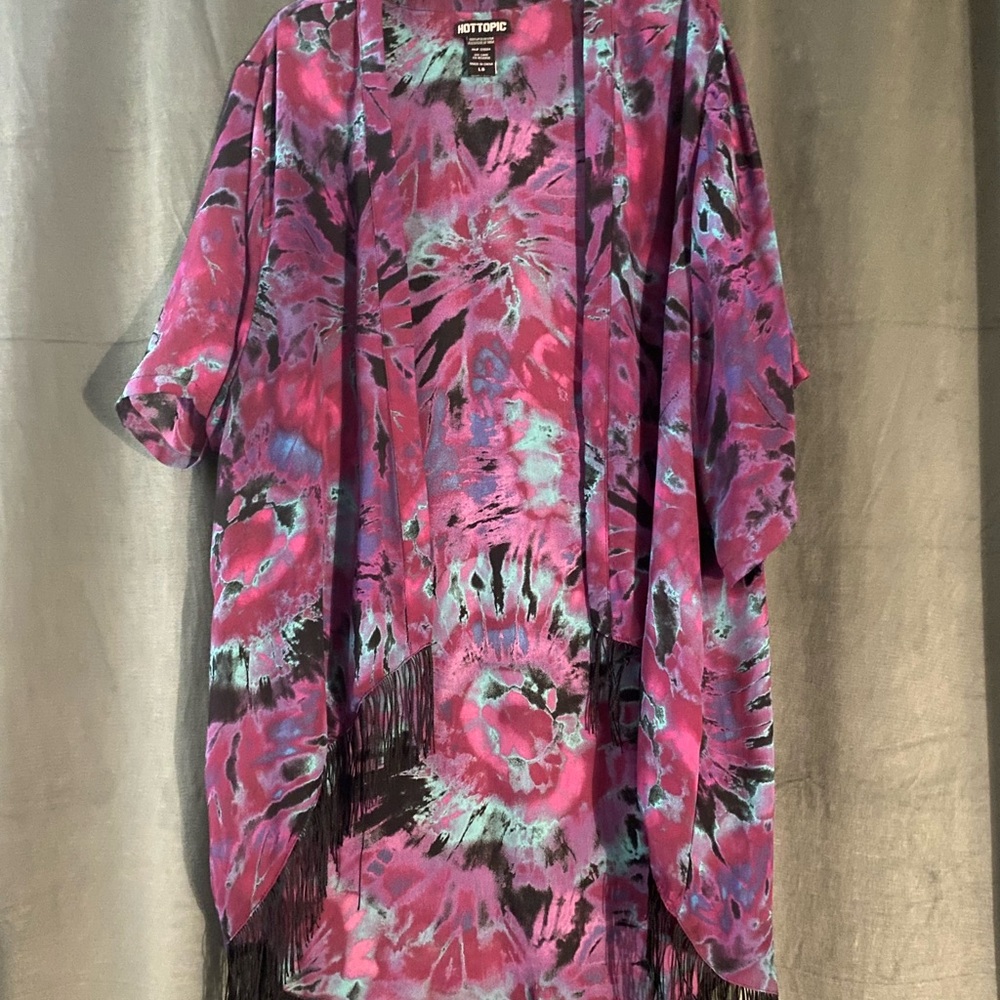 Hot Topic Pink and Blue Tie-Dye Fringe Kimono